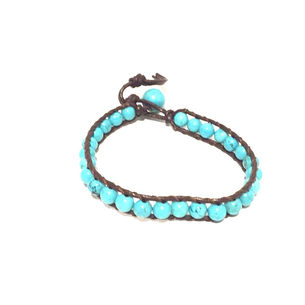 Turquoise Bead Bracelet with Brown Leather